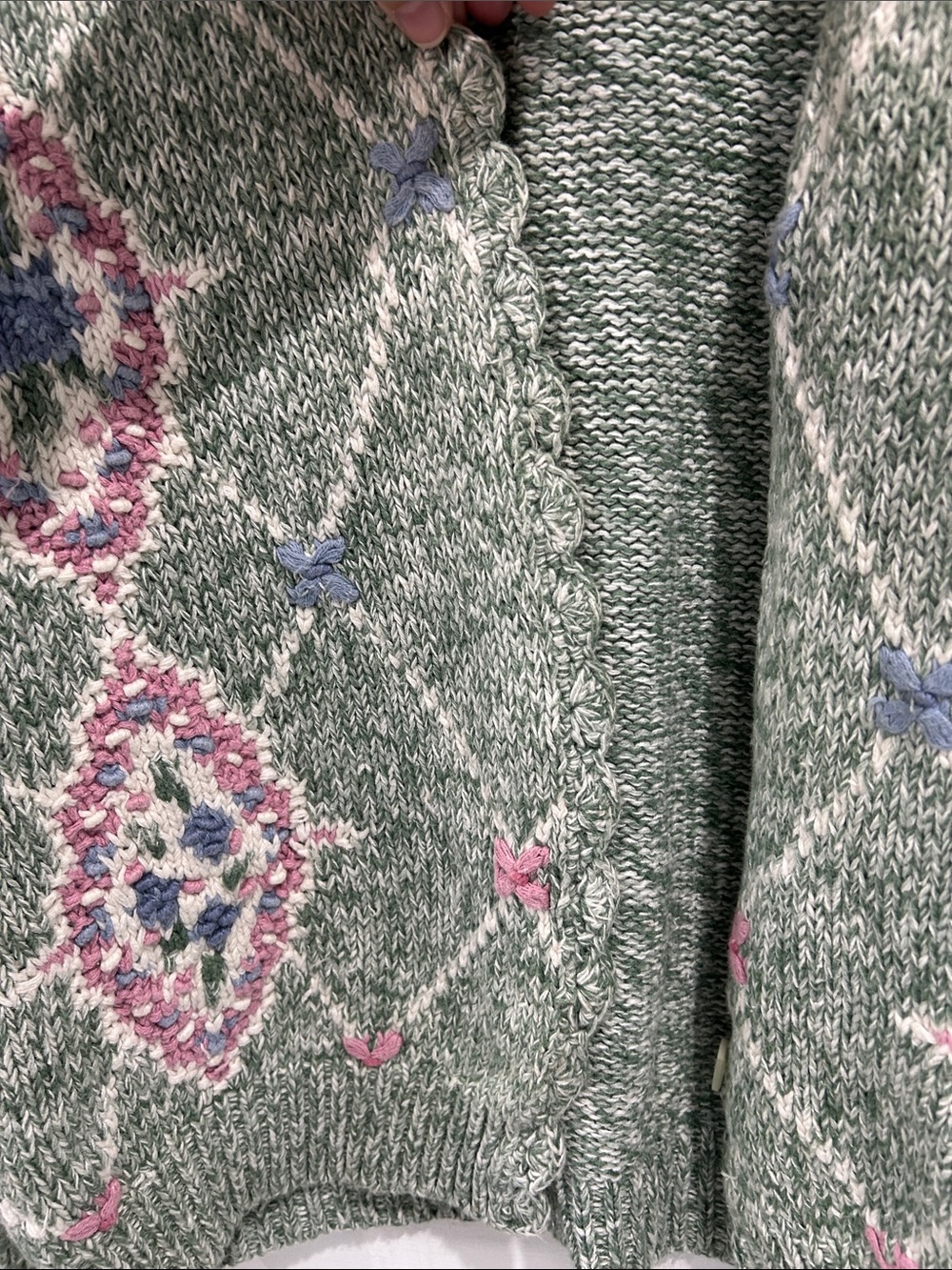 Vintage Ashley Hand Knitted Sage Green Floral Diamond Pattern Cardigan Sweater L - Picture 5 of 8